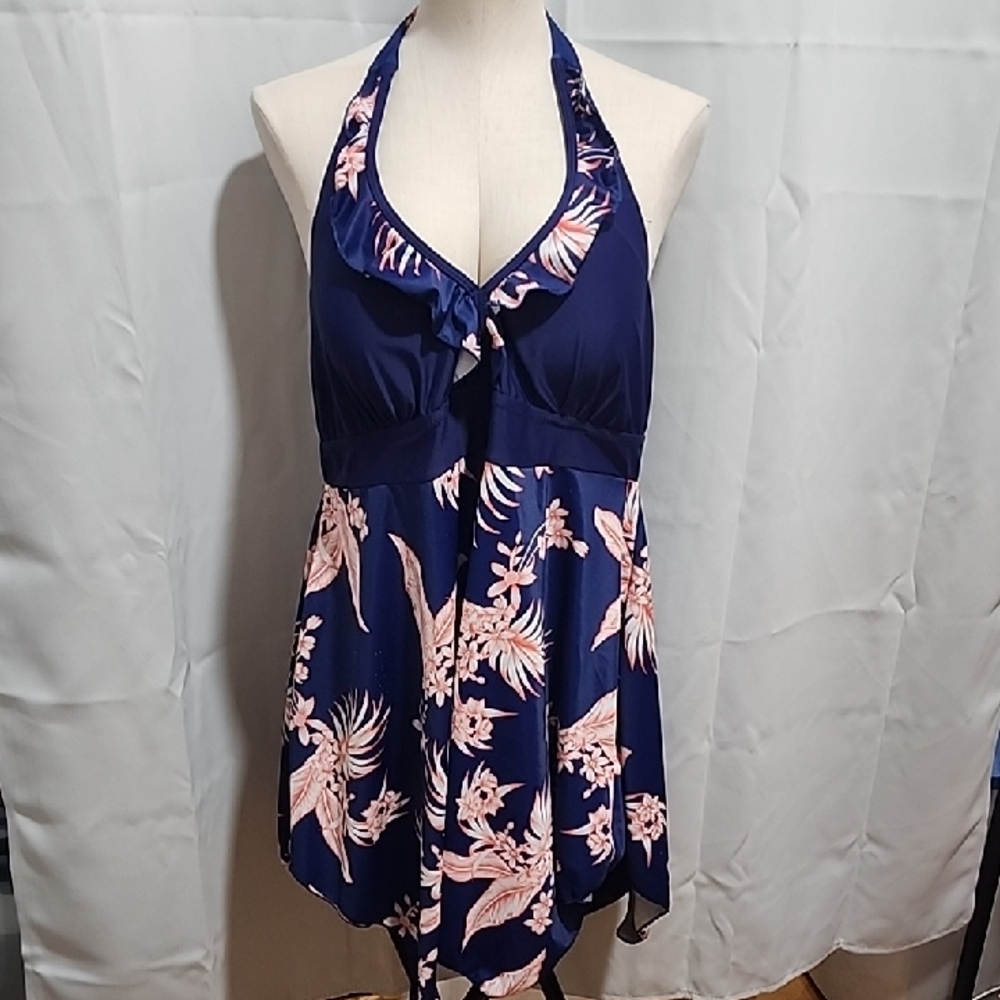 Floral Halter Top Swim Suit - Navy and Pink